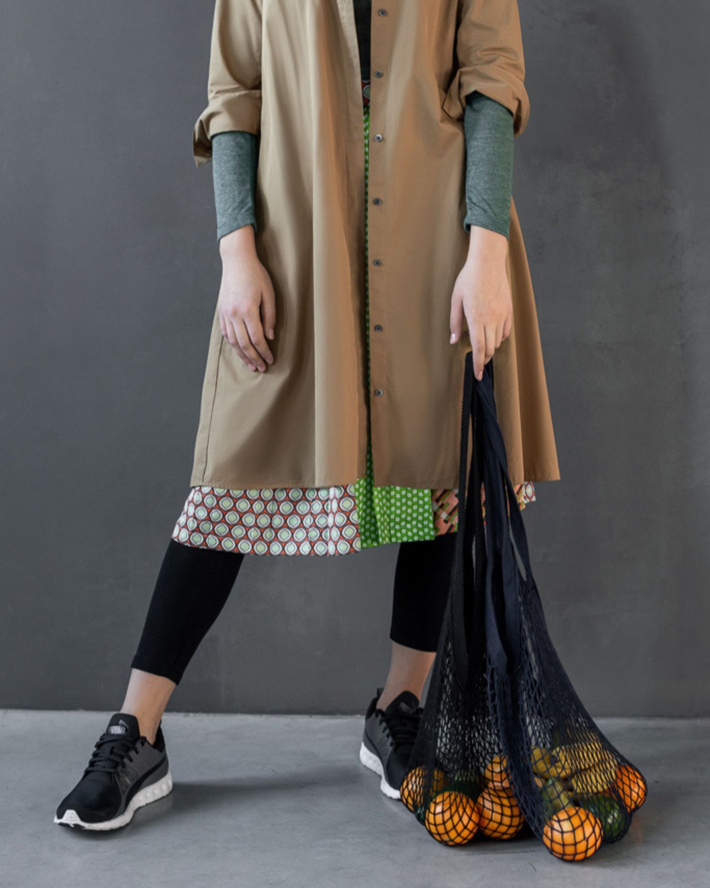 Natural Cotton Long Handle String Bag | Black.