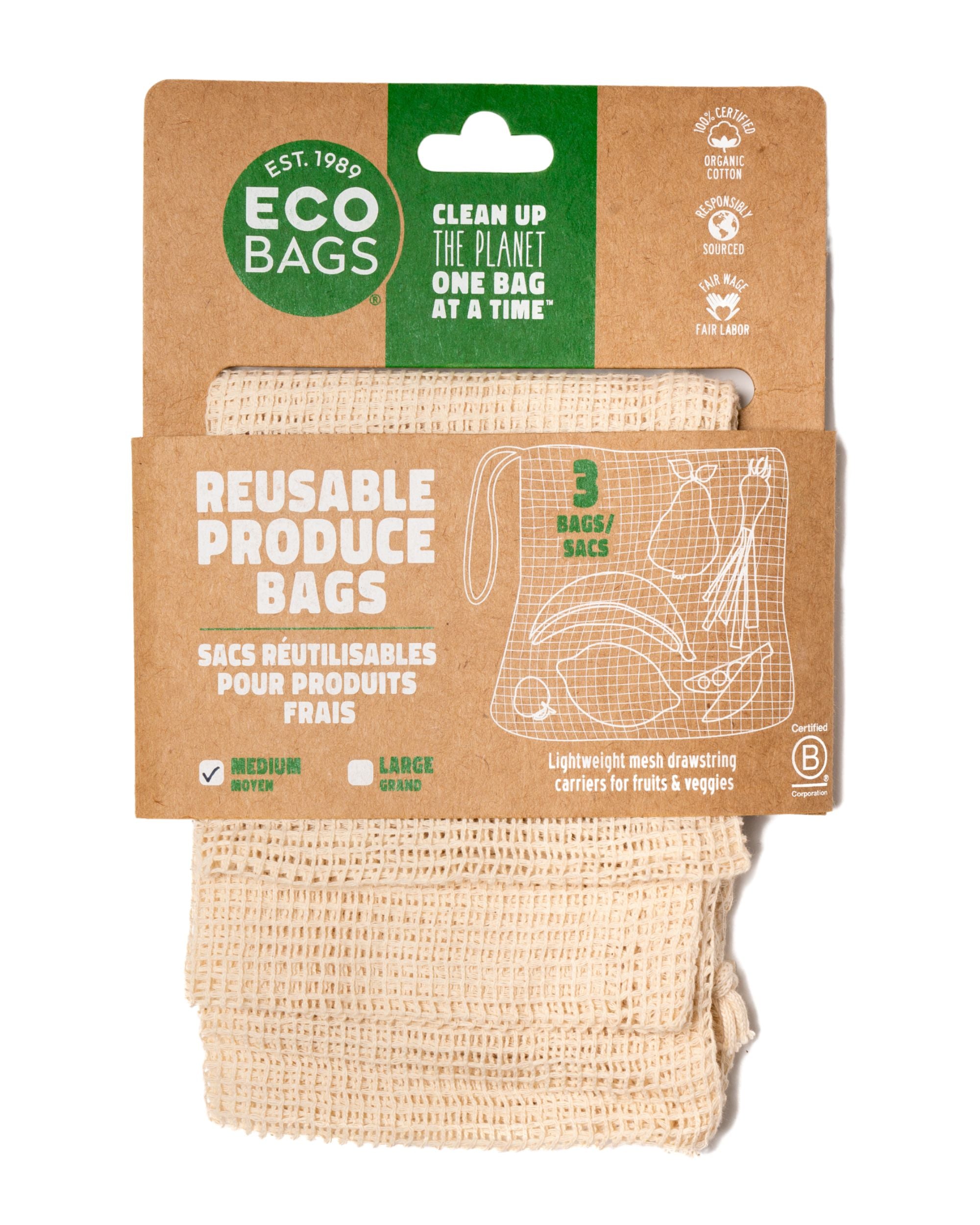 Packaged Organic Cotton Medium Mesh Bag | 3 Pack.