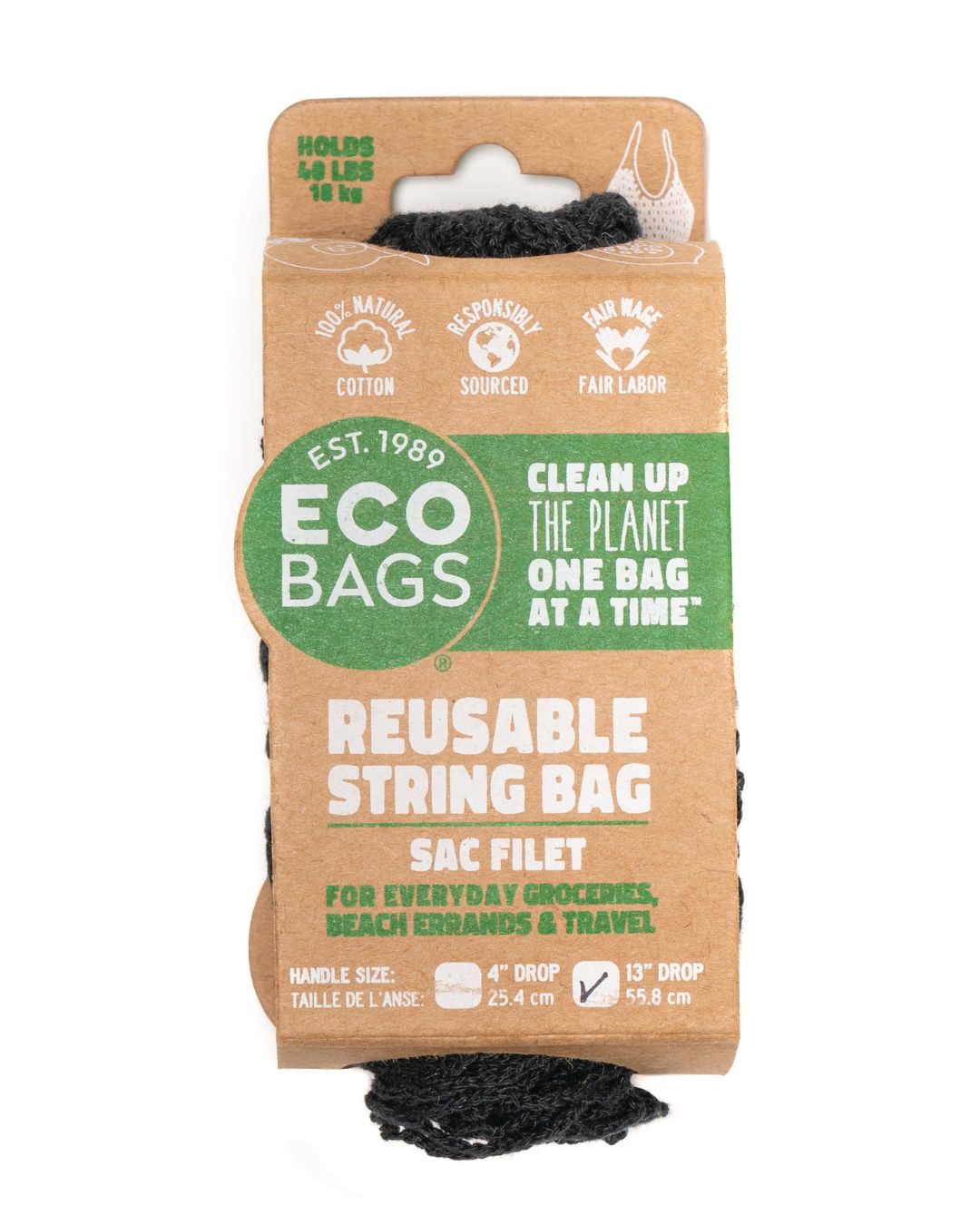 Packaged Natural Cotton String Bag | Long Handle.