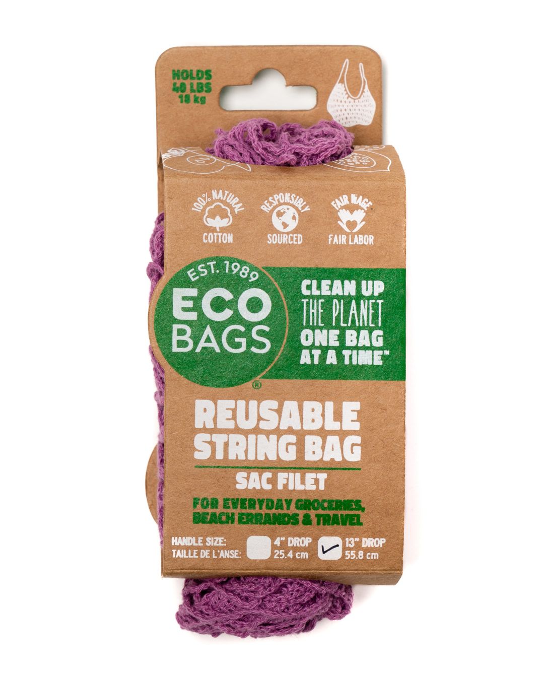 Packaged Natural Cotton String Bag | Long Handle.