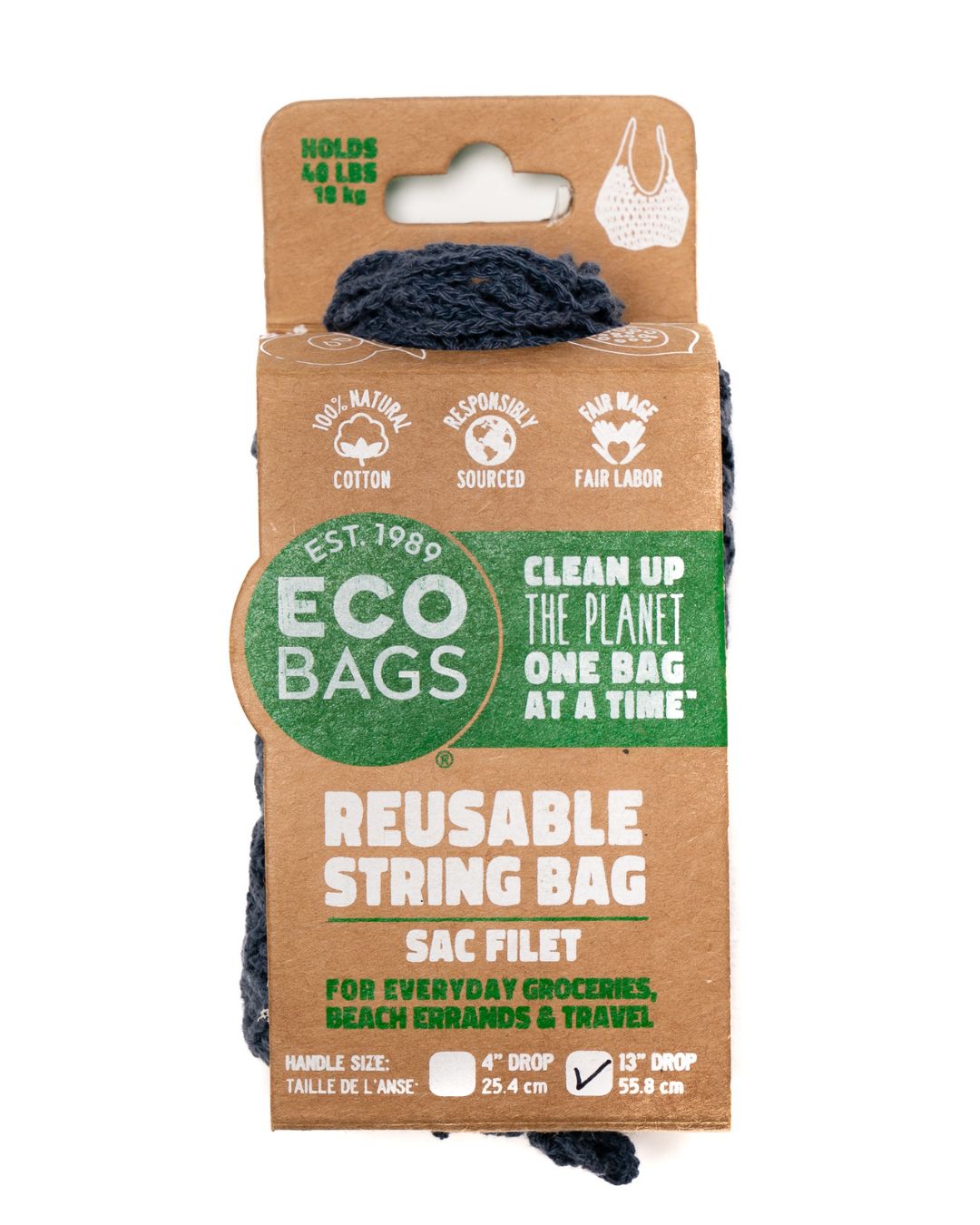 Packaged Natural Cotton String Bag | Long Handle.
